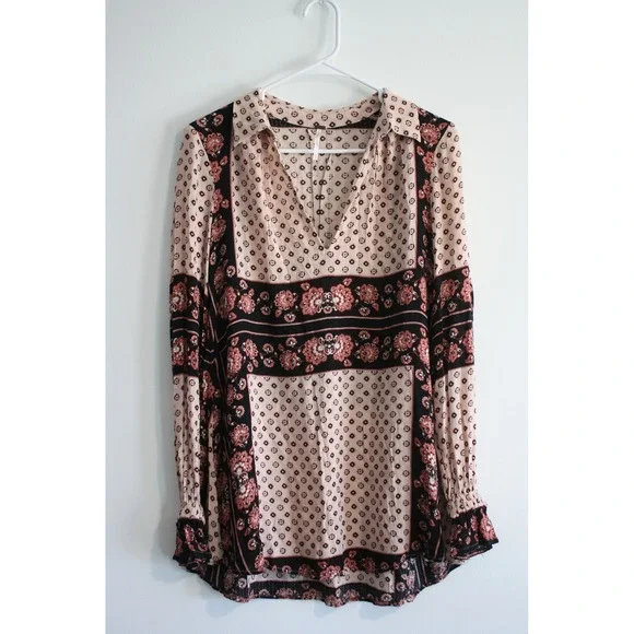 Free People Mixed Print Tunic Blouse Womens XS Boho Festival Indie - Picture 1 of 4